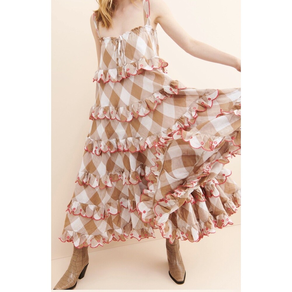 INNIKA CHOO Iva Biigdress Tiered Frill brown Gingham Scallop Midi Dress One Size